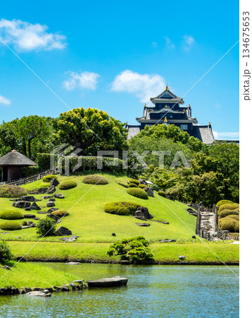 夏の岡山　後楽園の清々しい景色　沢の池越しに望む唯心山と岡山城 134675653
