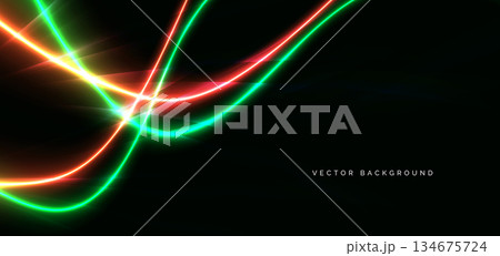Red and green neon wave lines glowing on dark background. Technology futuristic lighting effect concept. 134675724