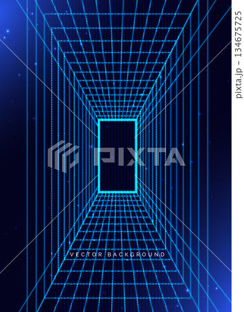 Abstract dark blue technology background with neon grid glowing  particles high speed data concept. 134675725