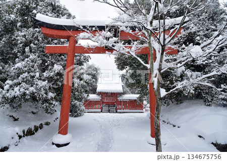 雪の積もった天龍寺八幡宮 134675756