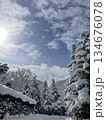 青空と雪に覆われた木々と山 134676078