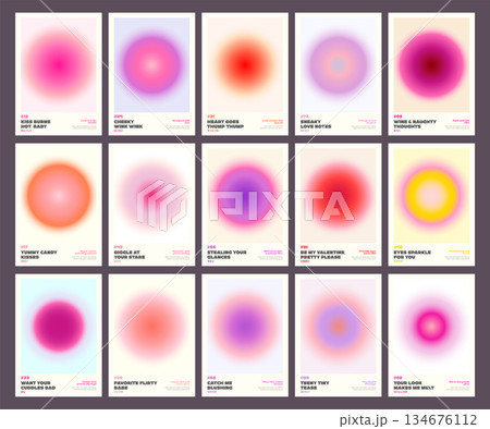 Large set of romantic gradient posters with flirty texts on soft blurred circles in purple, pink, orange hues for love themes, covers, banners. Blurred Gradient Poster Template with Radial Glow Circle 134676112