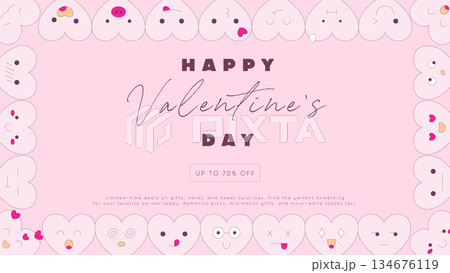 Cute Valentines Day banner and poster template with playful heart characters frame. Soft pink greeting cover design for love sale, romantic promotion, modern holiday card and social media layout. Cute Valentines Day banner and poster template with playful heart characters frame. Soft pink greeting cover design for love sale, romantic promotion, modern holiday card and social media layout. 134676119