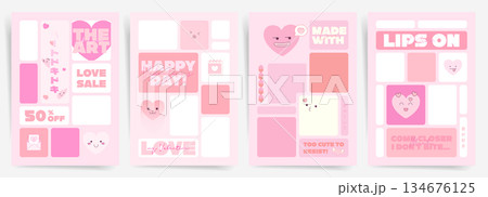 Cute Valentines Day grid poster and banner templates. Playful pink layout with heart characters, kawaii elements and modular blocks for love sale, social media, flyers and modern promotion design. 134676125