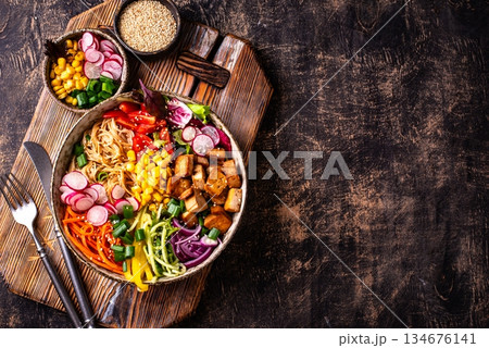 Vegan healthy poke bowl with tofu 134676141