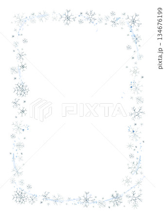 Cute winter snowflakes frame. Falling snow flakes. Watercolor hand drawn illustration isolated on white background for baby nursery kids design holiday print Christmas card invitation template label Cute winter snowflakes frame. Falling snow flakes. Watercolor hand drawn illustration isolated on white background for baby nursery kids design holiday print Christmas card invitation template label 134676199