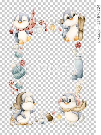 Cute Penguins Winter Fun Sports Frame. Watercolor hand drawn illustration isolated on white background for north design Christmas or Valentine card baby template nursery kids holiday print label logo 134676224