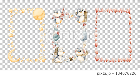 Cute Winter Funs Frames with penguins star heart. Watercolor hand drawn illustration isolated on white background for kids design Christmas Valentine card baby template nursery holiday print label 134676226