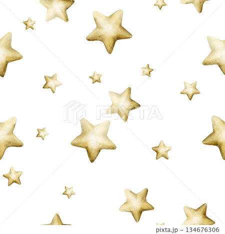 Cute golden stars seamless pattern on white background. Watercolor hand drawn isolated illustration for baby nursery textile kids fabric Muslim holiday Ramadan design print wrapping paper Eid Mubarak 134676306