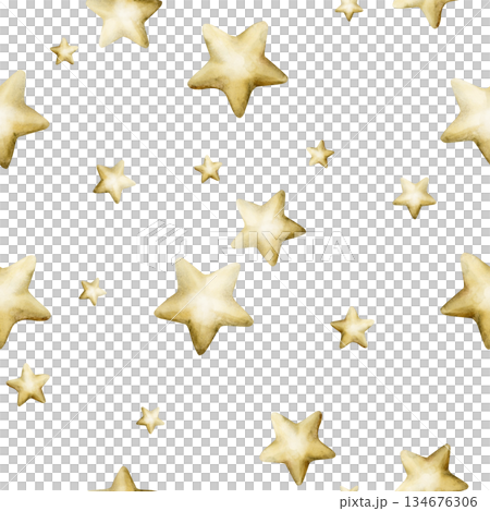 Cute golden stars seamless pattern on white background. Watercolor hand drawn isolated illustration for baby nursery textile kids fabric Muslim holiday Ramadan design print wrapping paper Eid Mubarak 134676306