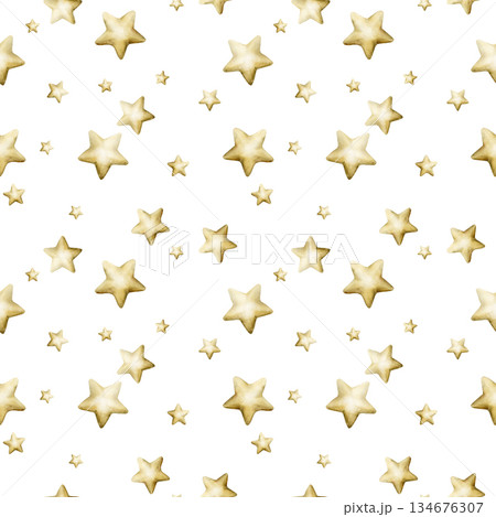 Cute golden stars seamless pattern on white background. Watercolor hand drawn isolated illustration for baby nursery textile kids fabric Muslim holiday Ramadan design print wrapping paper Eid Mubarak 134676307