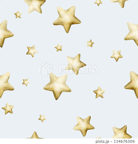 Cute golden stars seamless pattern on blue background. Watercolor hand drawn isolated illustration for baby nursery textile kids fabric Muslim holiday Ramadan design print wrapping paper Eid Mubarak Cute golden stars seamless pattern on blue background. Watercolor hand drawn isolated illustration for baby nursery textile kids fabric Muslim holiday Ramadan design print wrapping paper Eid Mubarak 134676309