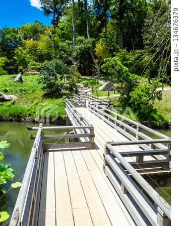 夏の岡山 後楽園の清々しい景色 花葉の池にかかる栄唱橋 夏の岡山 後楽園の清々しい景色 花葉の池にかかる栄唱橋 134676379