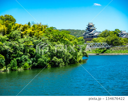 夏の岡山 旭川の土手から望む岡山城 夏の岡山 旭川の土手から望む岡山城 134676422