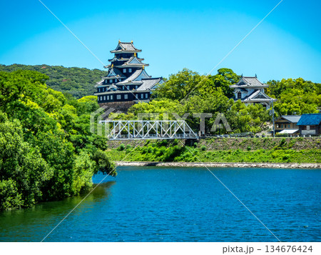夏の岡山　旭川の土手から望む岡山城 134676424