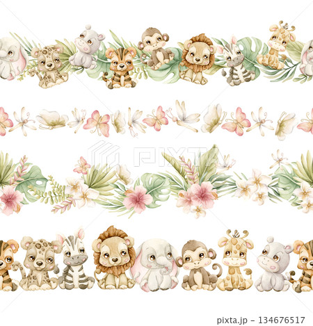 Cute Animals Tropical Plants Seamless Borders Set. Safari Jungle Exotic Flower leaves Watercolor hand painted summer pastel neutral isolated illustration on white background for nursery kids baby card 134676517