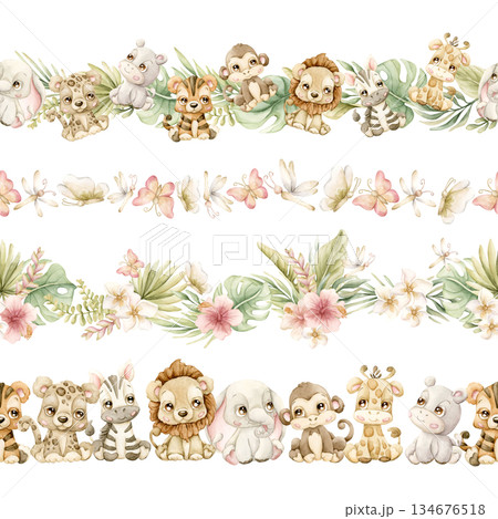 Cute Animals Tropical Plants Seamless Borders Set. Safari Jungle Exotic Flower leaves Watercolor hand painted summer pastel neutral isolated illustration on white background for nursery kids baby card Cute Animals Tropical Plants Seamless Borders Set. Safari Jungle Exotic Flower leaves Watercolor hand painted summer pastel neutral isolated illustration on white background for nursery kids baby card 134676518