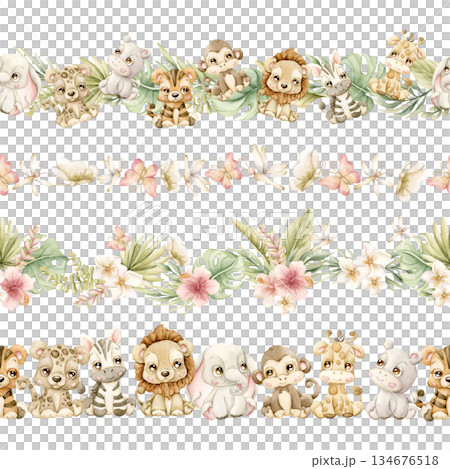 Cute Animals Tropical Plants Seamless Borders Set. Safari Jungle Exotic Flower leaves Watercolor hand painted summer pastel neutral isolated illustration on white background for nursery kids baby card 134676518