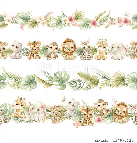 Cute Animals Tropical Plants Seamless Borders Set. Safari Jungle Exotic Flower leaves Watercolor hand painted summer pastel neutral isolated illustration on white background for nursery kids baby card Cute Animals Tropical Plants Seamless Borders Set. Safari Jungle Exotic Flower leaves Watercolor hand painted summer pastel neutral isolated illustration on white background for nursery kids baby card 134676520