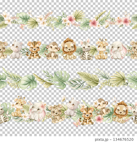 Cute Animals Tropical Plants Seamless Borders Set. Safari Jungle Exotic Flower leaves Watercolor hand painted summer pastel neutral isolated illustration on white background for nursery kids baby card Cute Animals Tropical Plants Seamless Borders Set. Safari Jungle Exotic Flower leaves Watercolor hand painted summer pastel neutral isolated illustration on white background for nursery kids baby card 134676520