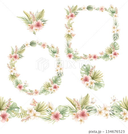 Monstera Palm Leaves Hibiscus Plumeria Flowers wreath frame seamless border set. Tropical Exotic plant Watercolor hand painted summer pastel neutral isolated illustration on white background kids baby 134676523