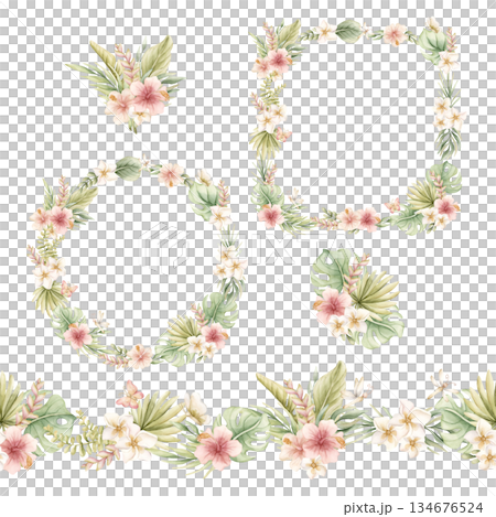Monstera Palm Leaves Hibiscus Plumeria Flowers wreath frame seamless border set. Tropical Exotic plant Watercolor hand painted summer pastel neutral isolated illustration on white background kids baby Monstera Palm Leaves Hibiscus Plumeria Flowers wreath frame seamless border set. Tropical Exotic plant Watercolor hand painted summer pastel neutral isolated illustration on white background kids baby 134676524