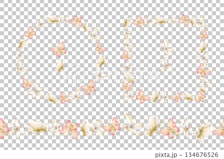 Cute Butterfly Dragonfly Insect Wreath Frame Seamless Border Set. Watercolor hand painted summer pastel neutral isolated illustration on white background for nursery kids baby card whimsical princess 134676526