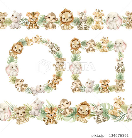 Cute Animals Plants Wreath Frame Seamless Border Set. Tropical Exotic leaves Watercolor hand painted summer pastel neutral isolated illustration on white background for nursery kids baby safari design 134676591