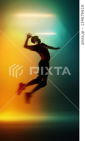 Trendy digital design of volleyball player jumping high preparing an attack. 134676618
