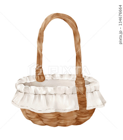 Watercolor wicker basket isolated clipart. Hand painted rustic illustration. Design element for Easter and spring decor, gift packaging, floral compositions and decorative design projects. 134676664