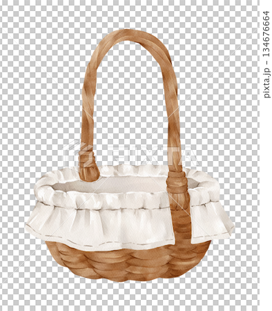 Watercolor wicker basket isolated clipart. Hand painted rustic illustration. Design element for Easter and spring decor, gift packaging, floral compositions and decorative design projects. 134676664