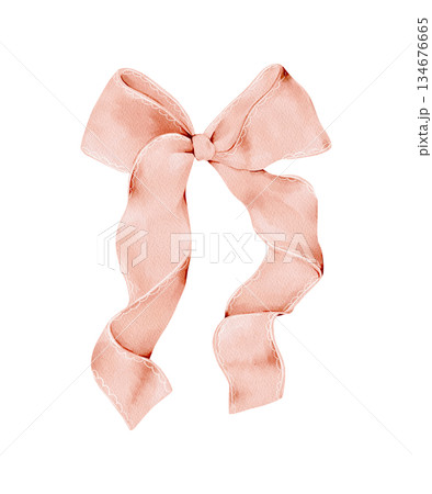Watercolor pink ribbon bow isolated clipart. Hand painted illustration. Decorative element for gift wrapping, invitations, greeting cards, feminine branding, packaging and romantic design projects. 134676665