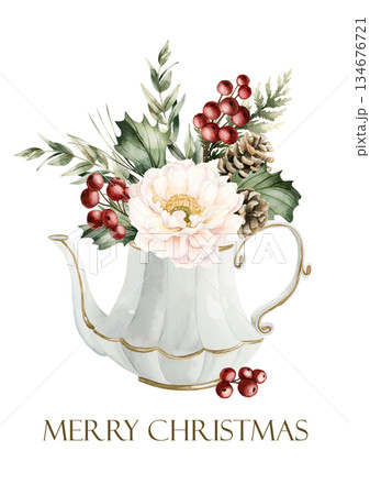White Peony with Pine Cones Holly Berry Eucalyptus in porcelain teapot greeting card Winter arrangement. Watercolor hand drawn isolated illustration on white for Christmas design cozy holiday print White Peony with Pine Cones Holly Berry Eucalyptus in porcelain teapot greeting card Winter arrangement. Watercolor hand drawn isolated illustration on white for Christmas design cozy holiday print 134676721