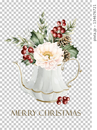 White Peony with Pine Cones Holly Berry Eucalyptus in porcelain teapot greeting card Winter arrangement. Watercolor hand drawn isolated illustration on white for Christmas design cozy holiday print 134676721