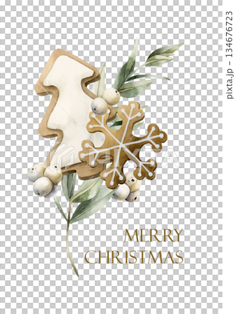 Gingerbread Christmas tree snowflake cookies with Eucalyptus branch Mistletoe berries greeting card. Watercolor hand drawn isolated illustration on white background for winter design holiday print 134676723