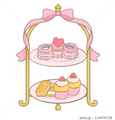 ピンク色の可愛いアフタヌーンティーのケーキスタンドのイラスト 134676738