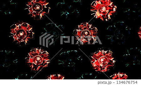 Abstract dark wall from bottoms of green red bottles 134676754