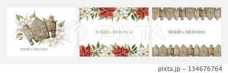 Winter floral greeting cards set. Poinsettia flower Gingerbread houses cookies Watercolor hand drawn isolated illustration on white background for Christmas design holiday print a4 horizontal postcard 134676764