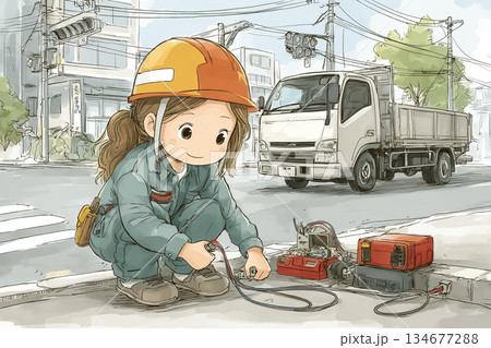 EV充電設備工事における地中配線を点検する女性技術者 134677288