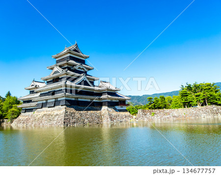 夏の爽やかな松本城の景色 お堀と城郭 夏の爽やかな松本城の景色 お堀と城郭 134677757