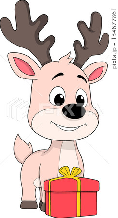 Cute Christmas Reindeer Cartoon With Gift Box Illustration Cute Christmas Reindeer Cartoon With Gift Box Illustration 134677861