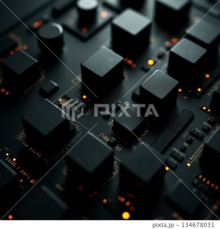 AI generated Modern electronic circuitry featuring radiant accents against shadowed 134678031