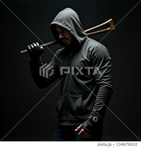 AI generated Dark alleyway with intense mood, Mysterious figure in rainy urban environment 134678032