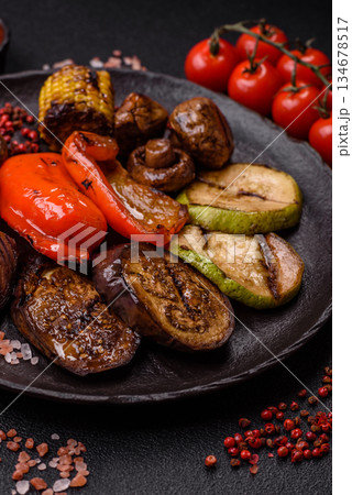 Grilled vegetables, bell peppers, mushrooms, and zucchini, a vegetarian meal. Grilled vegetables 134678517