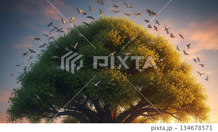 Tree with Flying Birds at Dusk 4K AI Landscape 134678571
