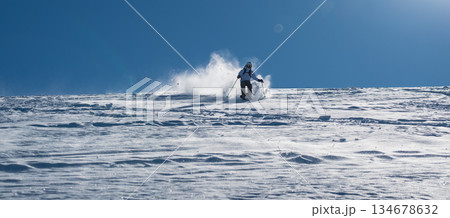 Skier skiing off piste through fresh powder on a sunny mountain slope, kicking up snow as she descends, creating a dynamic and energetic winter sports action scene under a clear blue sky 134678632
