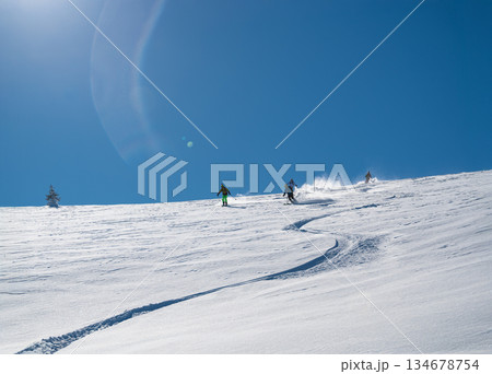 Three skiers carve down a sunny, powder-covered mountain slope, kicking up fresh snow under a clear blue sky, creating a dynamic winter sports action scene 134678754