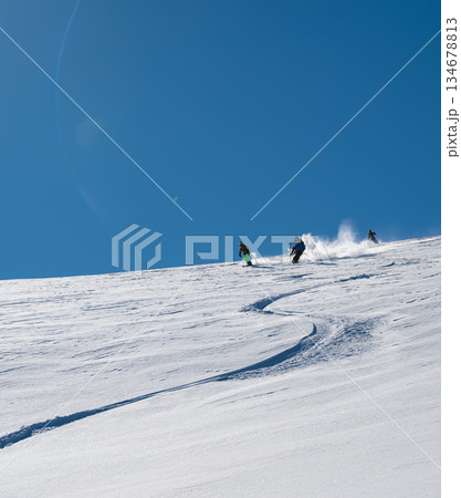 Three skiers carve down a sunny, powder-covered mountain slope, kicking up fresh snow under a clear blue sky, creating a dynamic winter sports action scene 134678813