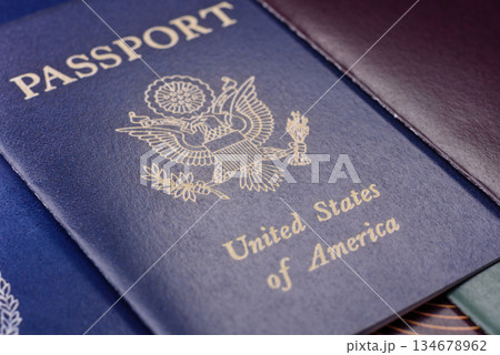 US passport for travelling, flying and doing business. USA document, id 134678962
