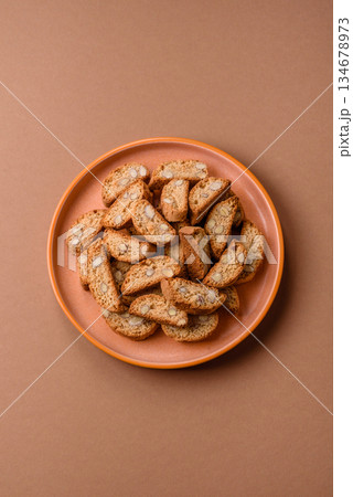 Italian cantuccini cookies with almonds, a sweet biscuit dessert. Cantuccini cookies Italian cantuccini cookies with almonds, a sweet biscuit dessert. Cantuccini cookies 134678973